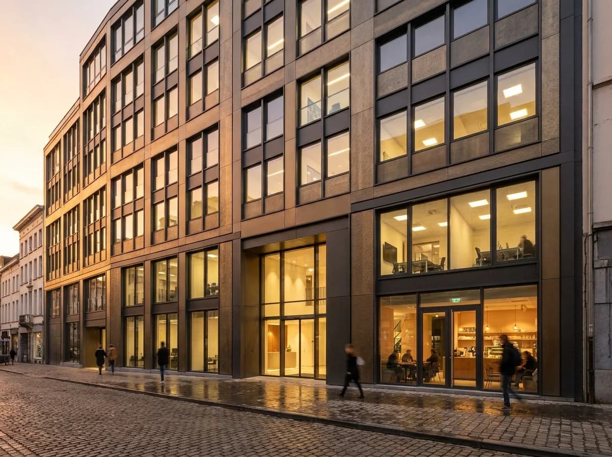 Immeuble de bureaux avec châssis aluminium thermolaqué, éclairé au crépuscule
