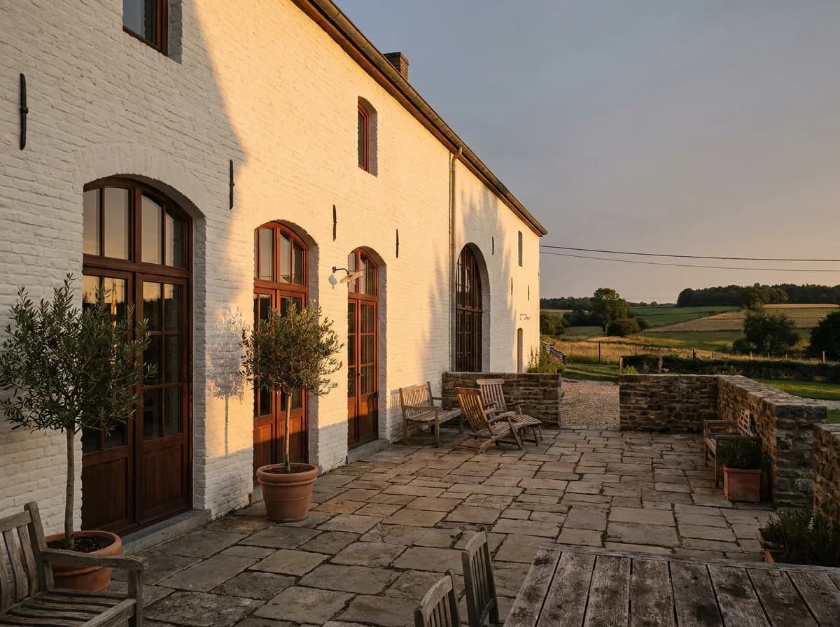 Ferme brabançonne rénovée, châssis en merbau cintrés sur mesure