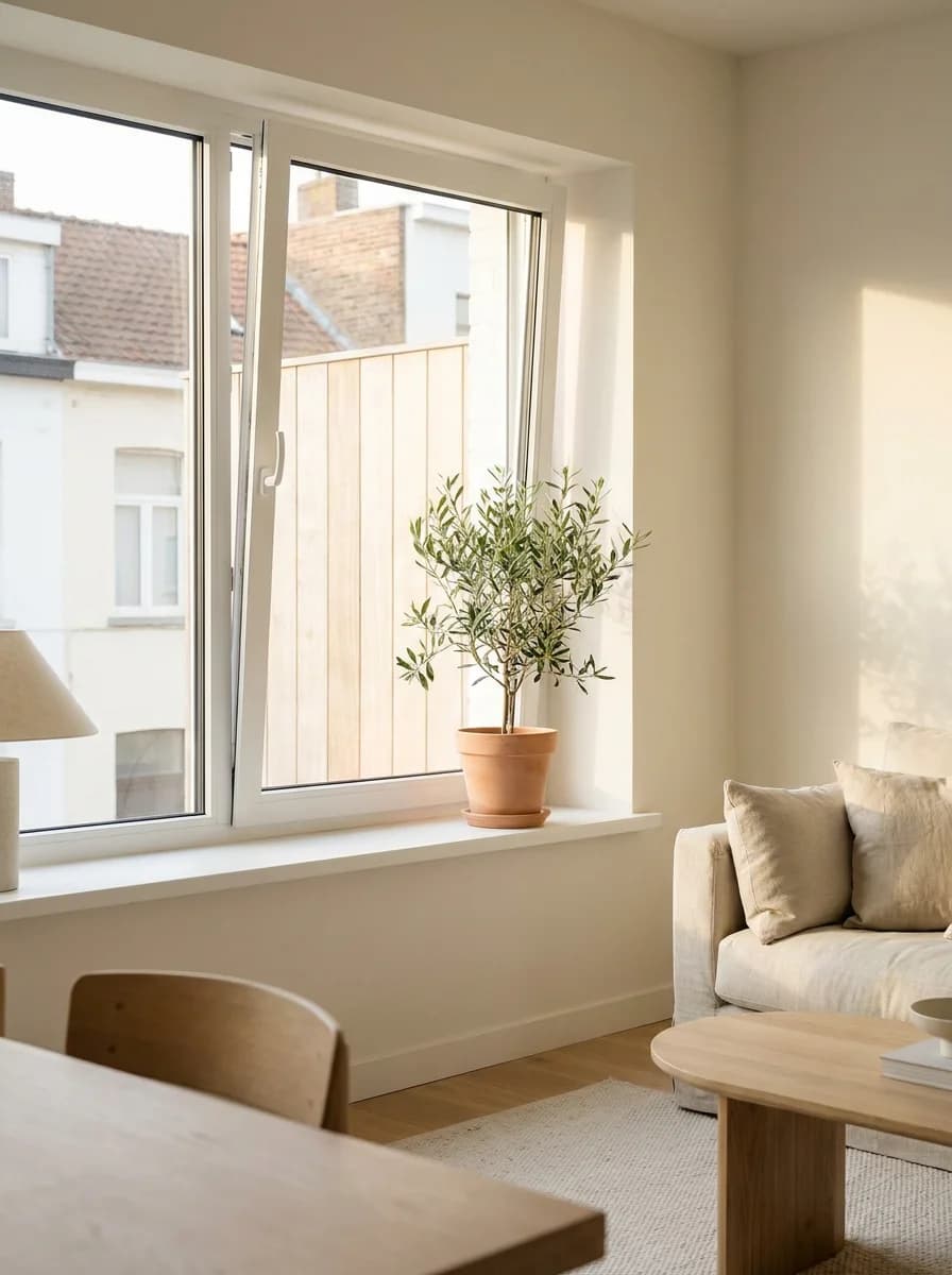 Châssis PVC blanc oscillo-battant dans une pièce lumineuse rénovée