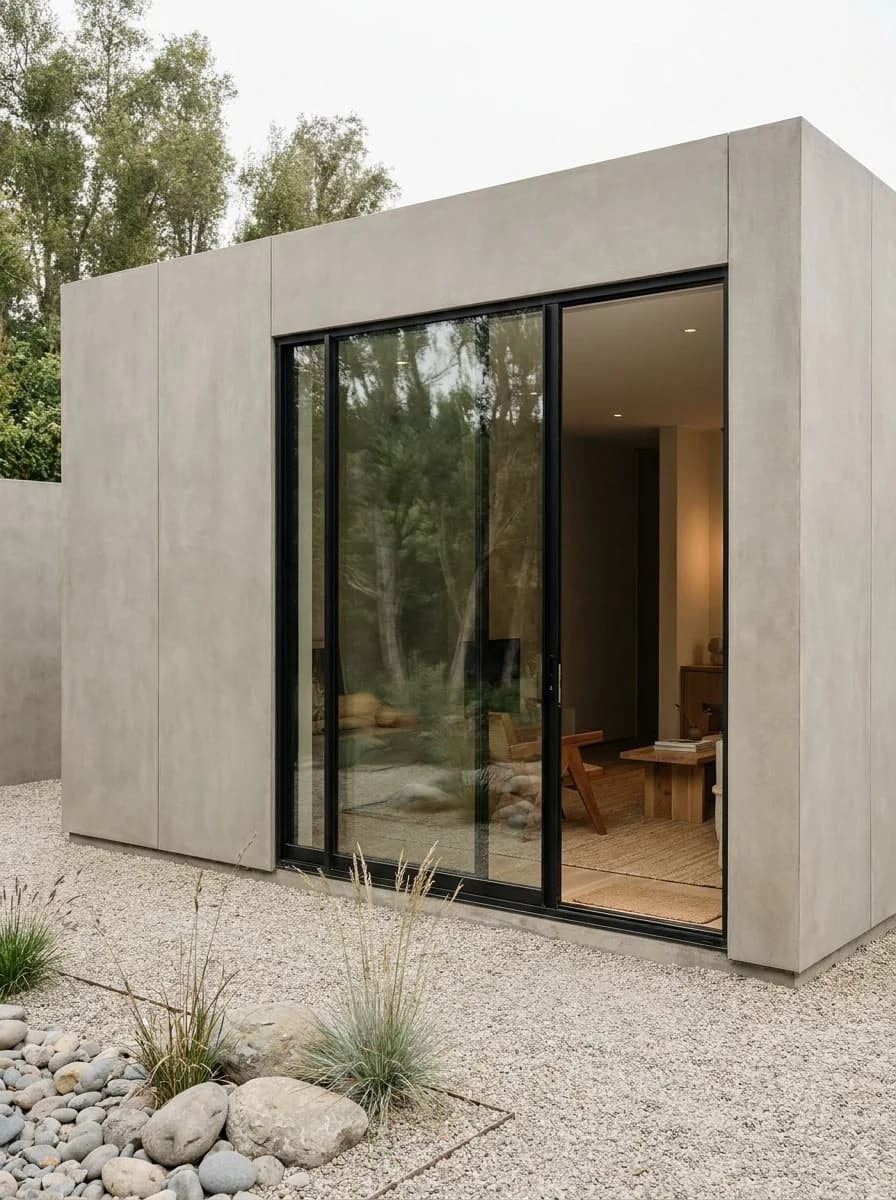 Pavillon d'exposition avec grande porte coulissante entrouverte