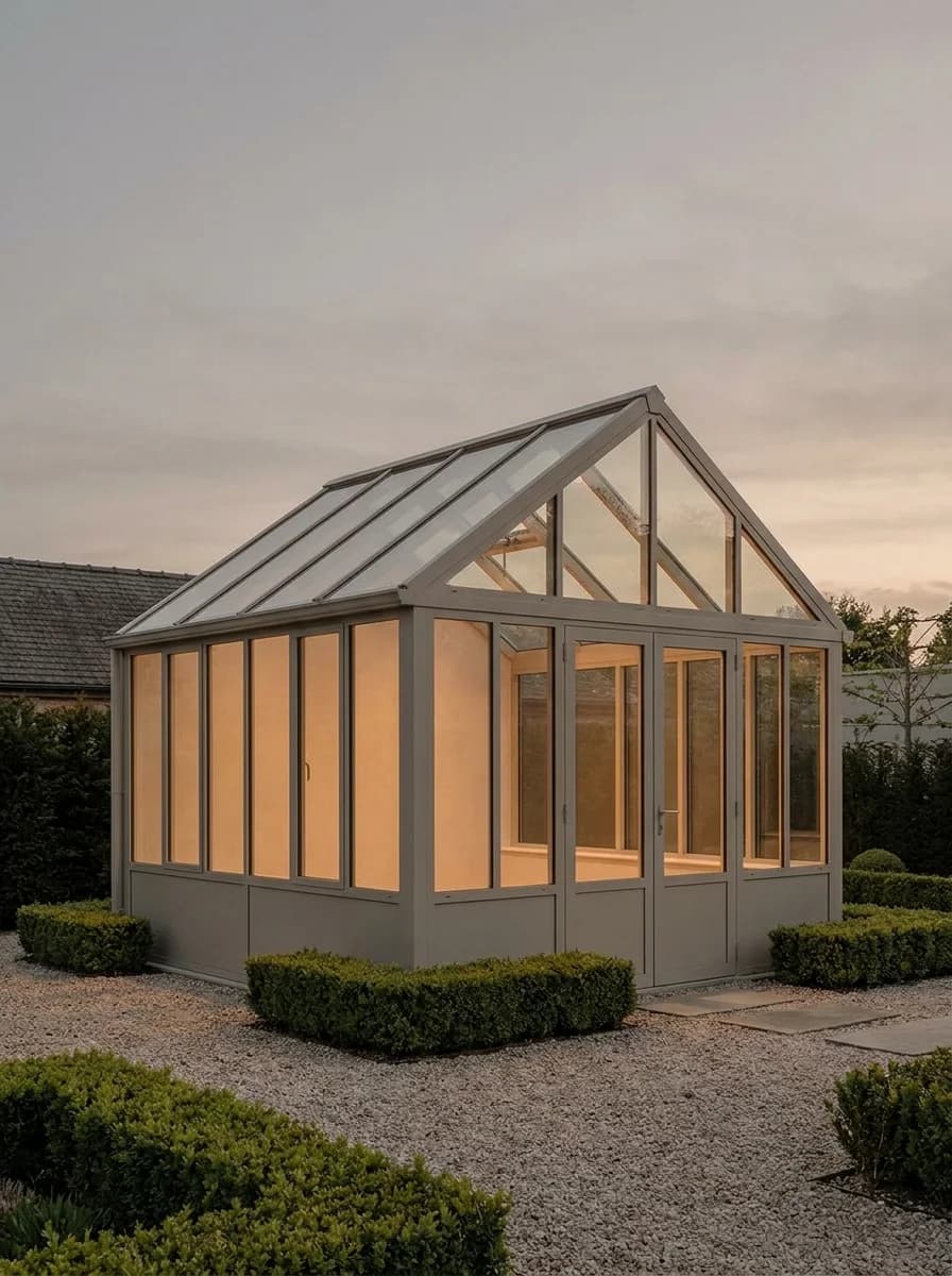 Pavillon d'exposition véranda vitrée illuminée au crépuscule