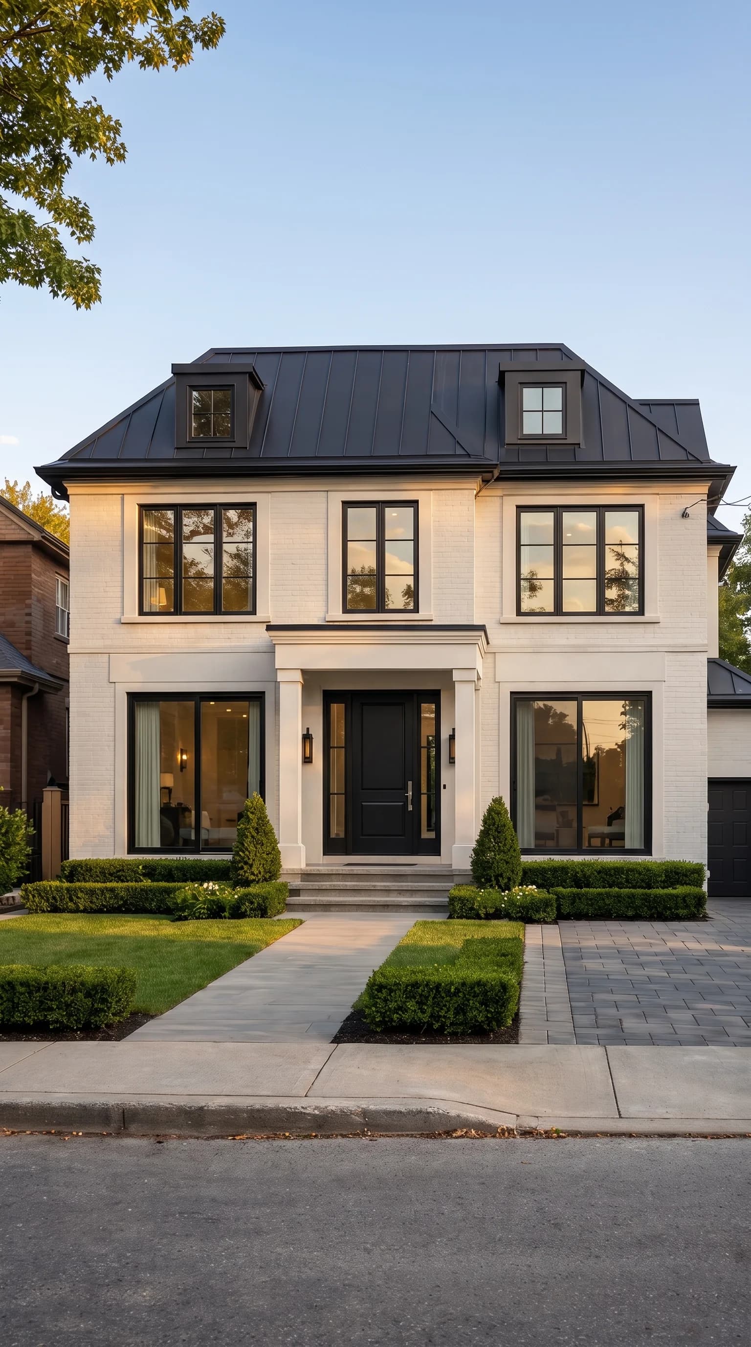 Façade au crépuscule avec châssis aluminium noir sablé grande dimension