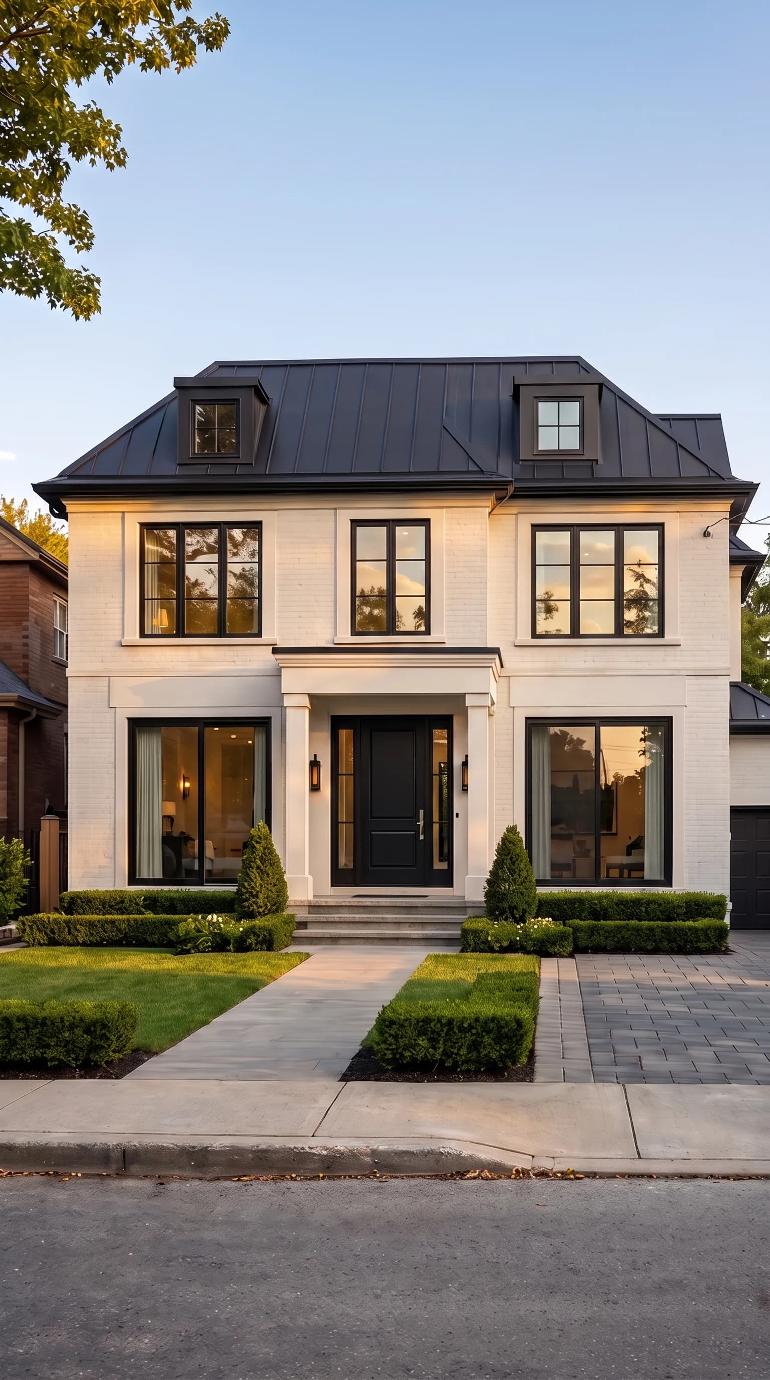 Façade après rénovation, châssis noirs à coupure thermique posés par ICP