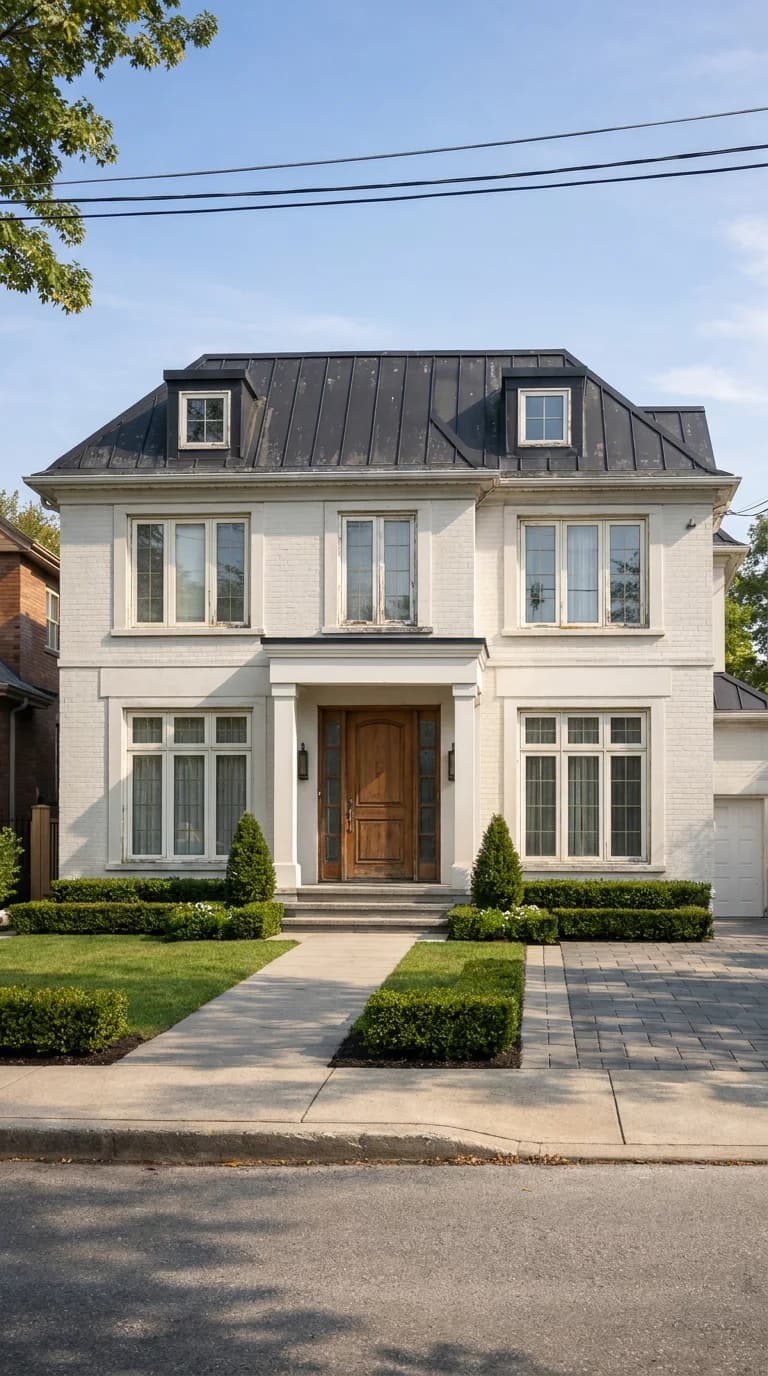 Maison familiale avec châssis PVC blancs et porte d'entrée en chêne