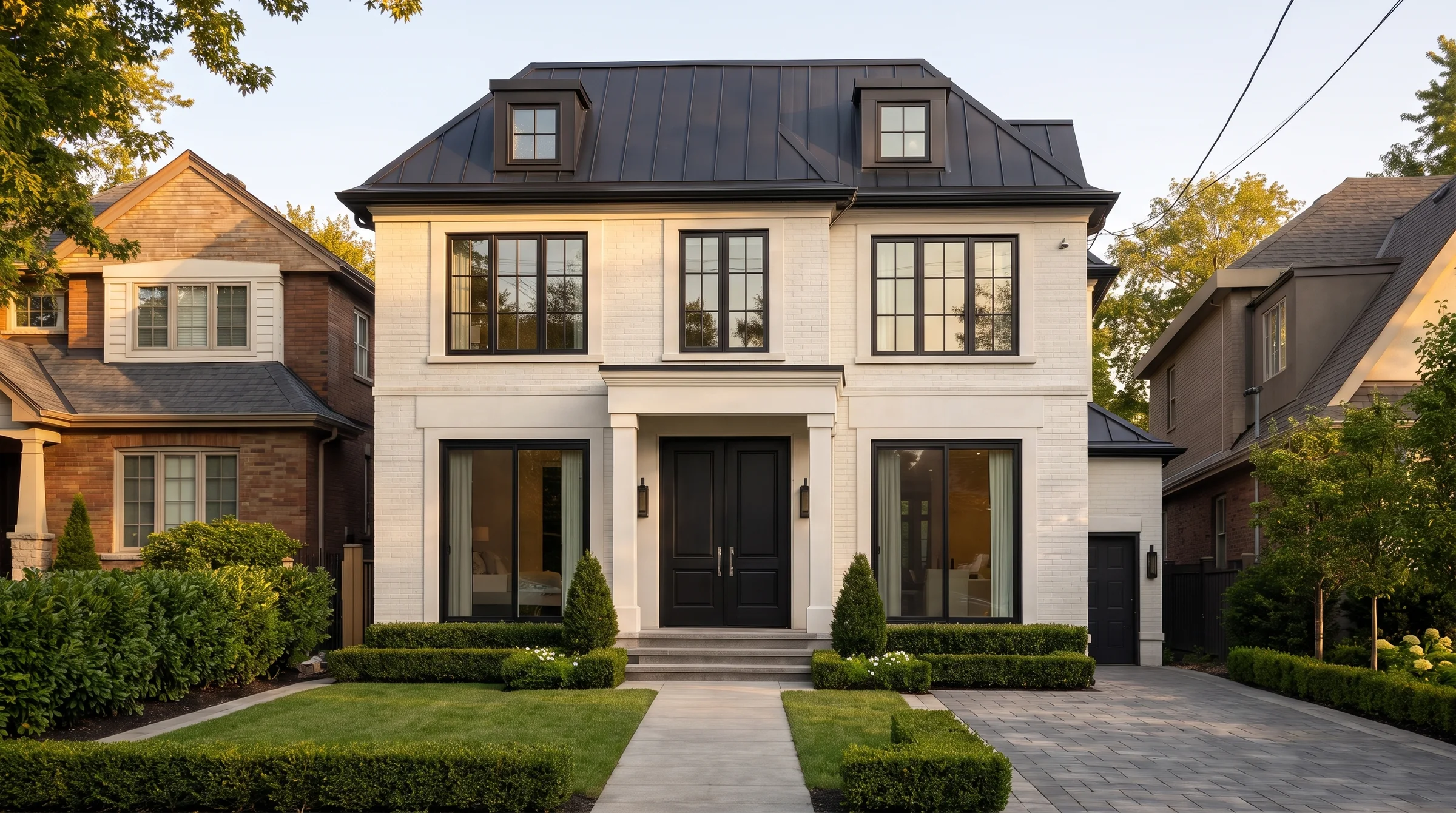 Villa belge rénovée au coucher du soleil, châssis aluminium noirs sur briques crème, réalisation ICP
