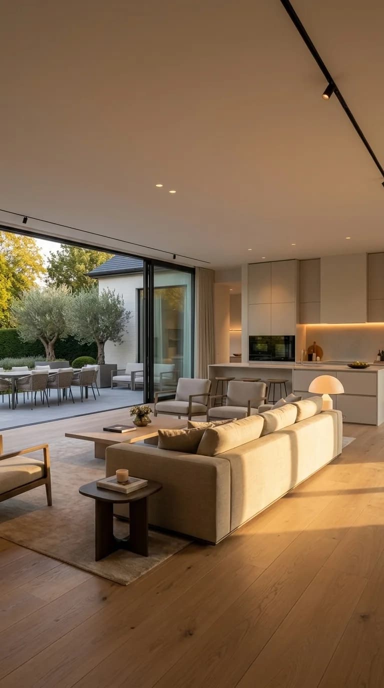 Séjour contemporain ouvert sur le jardin par une baie coulissante à galandage